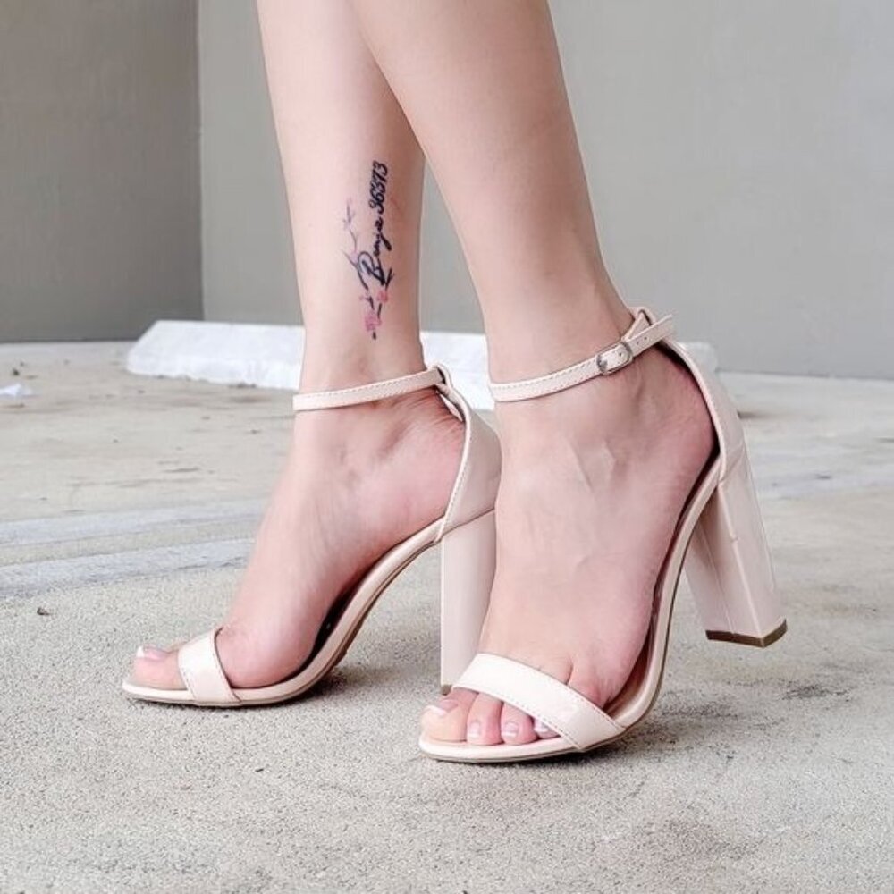 Women's Pat Ankle Strap Block Heel Dress Sandals Nude Color - Picture 2 of 5